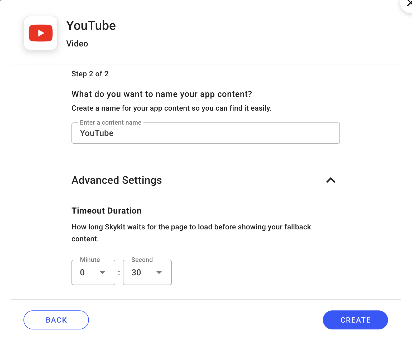 YouTube app content naming and timeout duration settings displayed on a webpage.